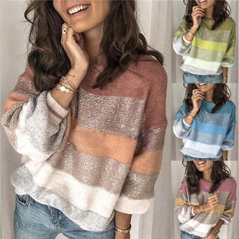 

2021 New Faashion Listrado Solto Senhoras Camisola Pulver Outono Wintercasual Manga Longa Jumpers Malha Femininas Blusas Rt6e, Blue