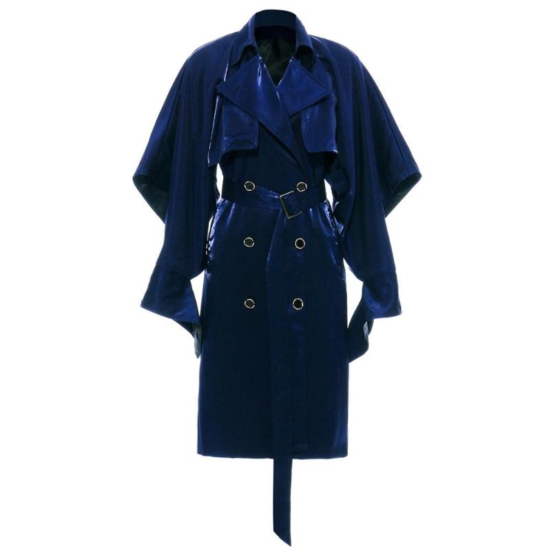 

MSXU Women' Irregular Cutting Double Breasted Knee Lenght Long Jacket Cool Shimmer Casual Windbreaker Trench Coat Blazer, Black