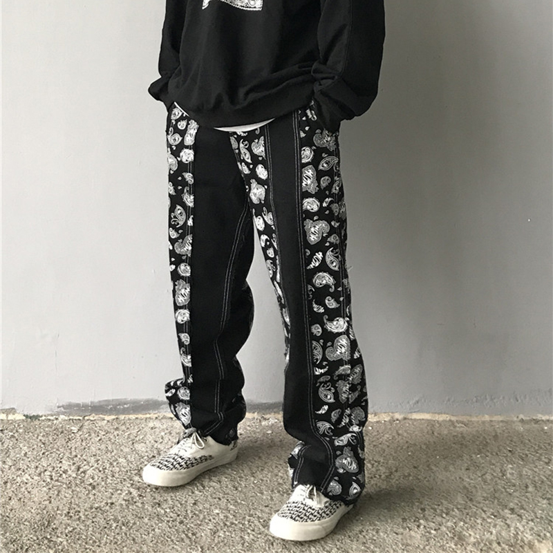 

2021 New Original Retro Flor Caju Preto Casual Dos Homens Largura-perna Reta Solto Lavado De Brim Hip Hop Calas Baggy Fc4p, Black