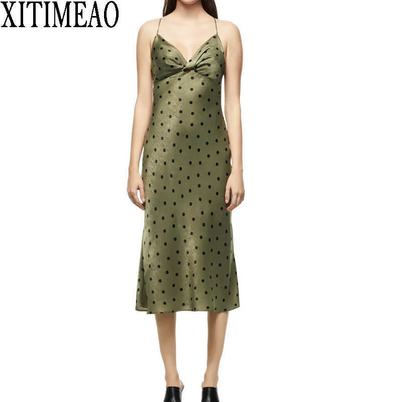 

ZA Women Sexy Suspenders Low Chest Open Back Side V Neck Dot Dress Suspender Party Skirt XITIMEAO 210602, Green