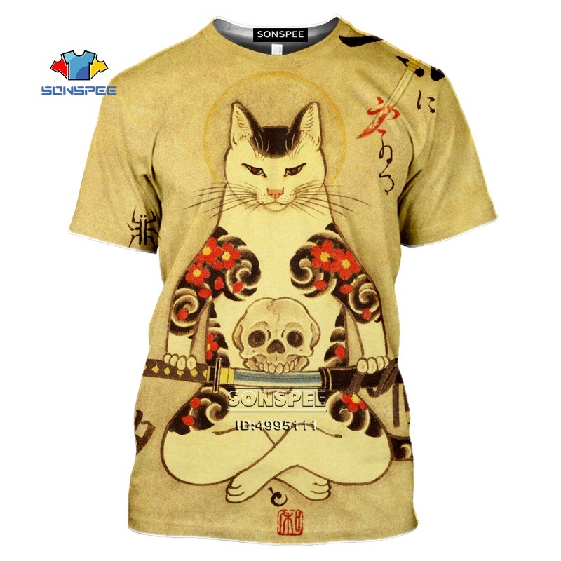 

SONSPEE 3D Print Japanese Samurai Cat Tattoo Men's T-shirt Cool Classic Art Tshirt Women Summer Casual O-neck Shirt Fitness Tops C0308, White;black