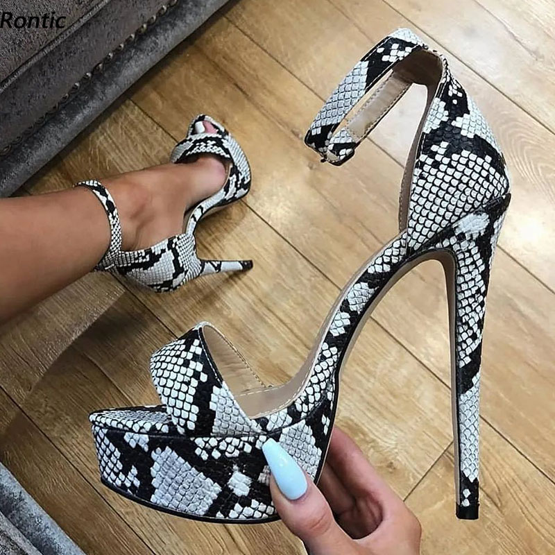 

Rontic Handmade Women Platform Sandals Ankle Strap Snake Pattern Stiletto Heels Open Toe Elegant Black Party Shoes US Size -20