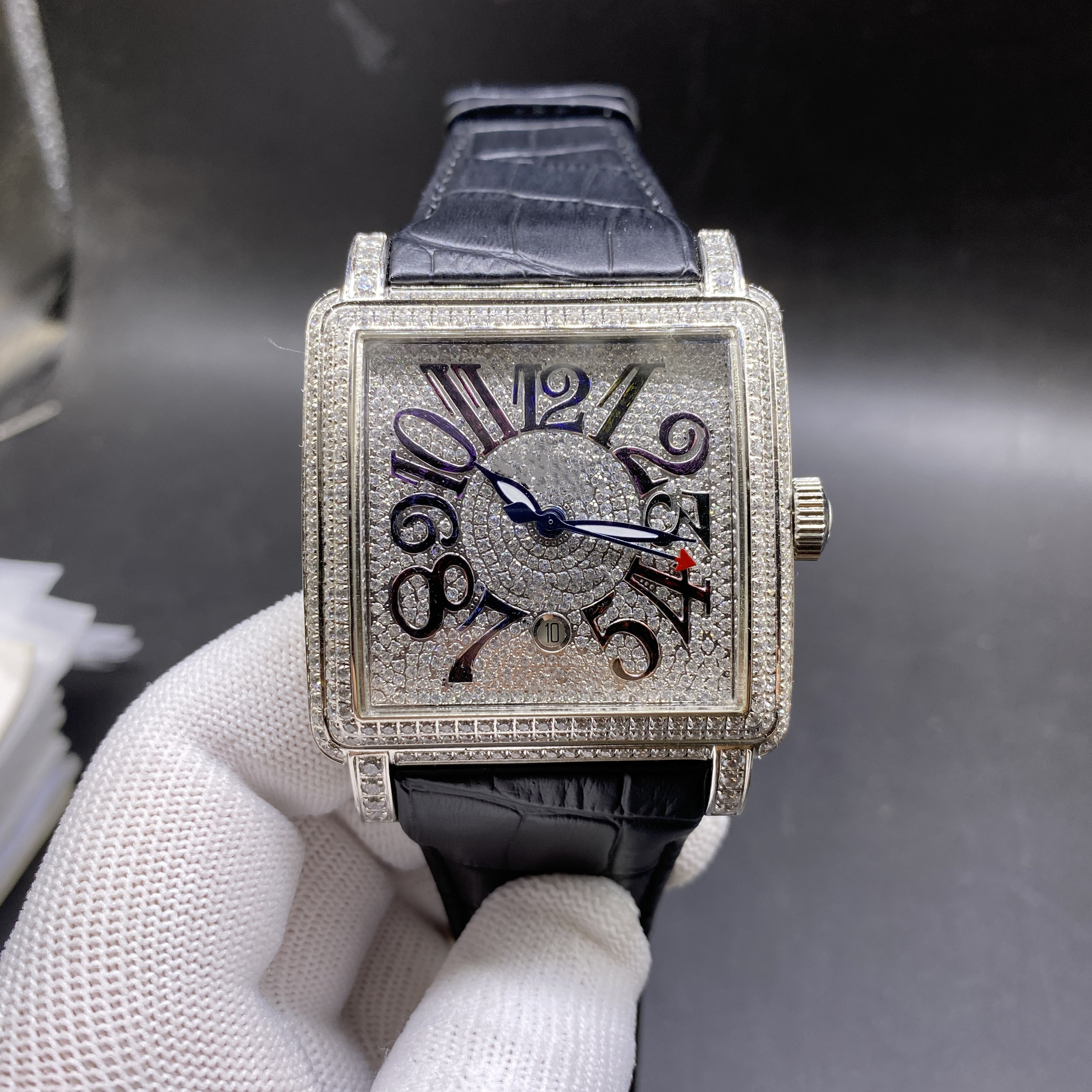 

FM sky star luxury diamond inlaid platinum watch 45mm square Arabic numeral dial black belt men's Watchs, Picture color