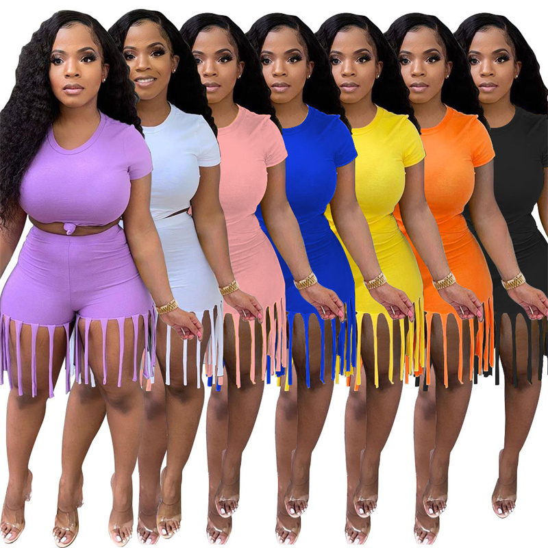 Casual Dresses S-5XL Women Solid Two Piece Set Short Sleeve T-shirt Crop Top Tassel Shorts Active Fitness Suit Female Outfits-image-702273258