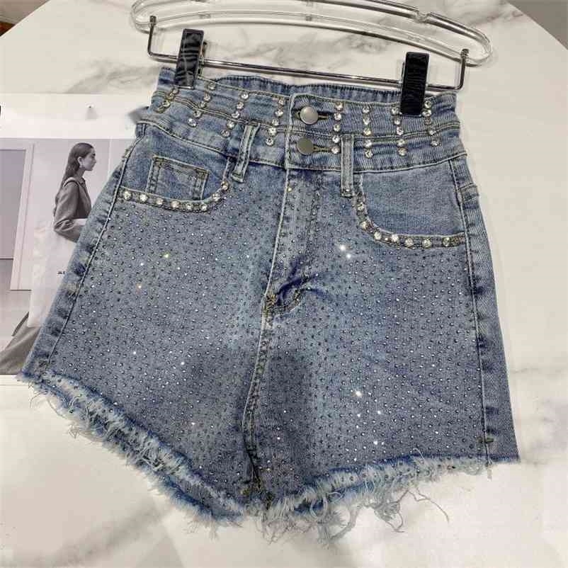 

Spring Arrivals Solid Color High Waist Beading Drill Fashion Women 3-point Denim Shorts MZ819 210525, Blue