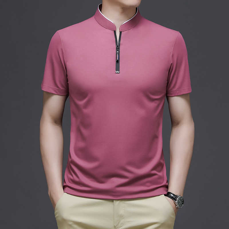 

Summer tshirt men's business casual half collar zipper polo, 8823 rose