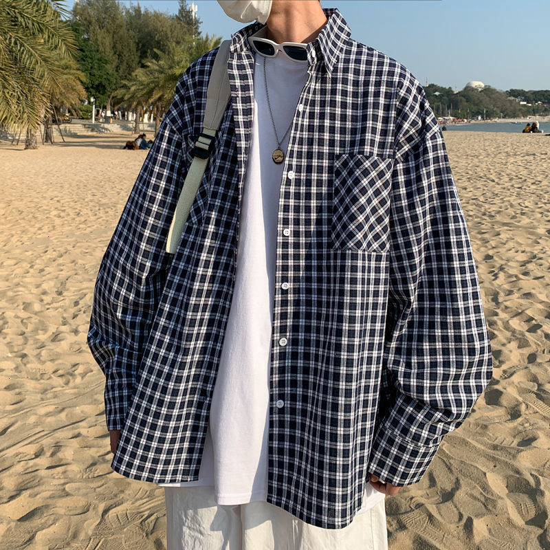 

2021 New Spring Cotton Plaid Men' Fashion Retro Casual Men Streetwear Korean Loose Long-sleeved Shirts Mens Shirt Ywv1, Green lattice
