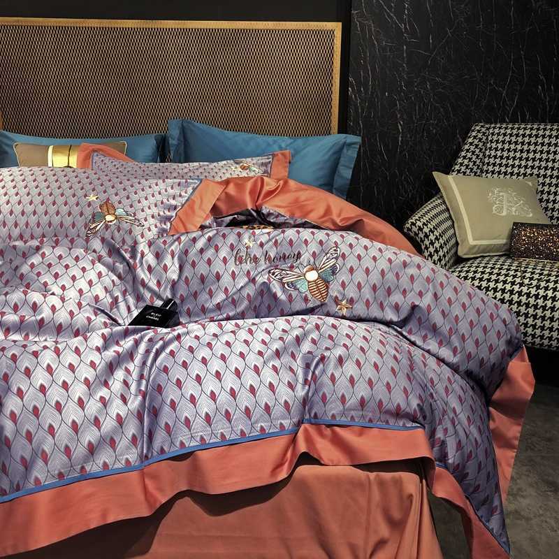 

High end 100 thread count cotton long staple cotton digital printing four piece set of cotton embroidered 1.8m bedding, White