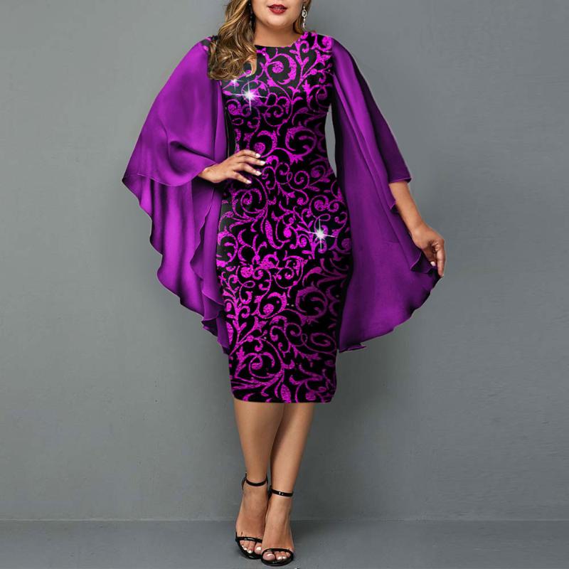 

Plus Size Dresses Dress Elegant Chic Stamping Wedding Party 2021 Autumn Women Petal Long Sleeve Purple Midi 3XL 4XL 5XL, As pic