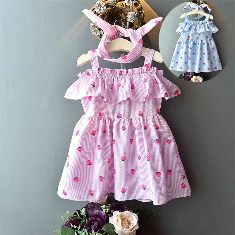 

Arrivals Summer Style Strap Print Strawberry Ruffles Hair Band Cute Girls A-Line Dresses 210629, Blue