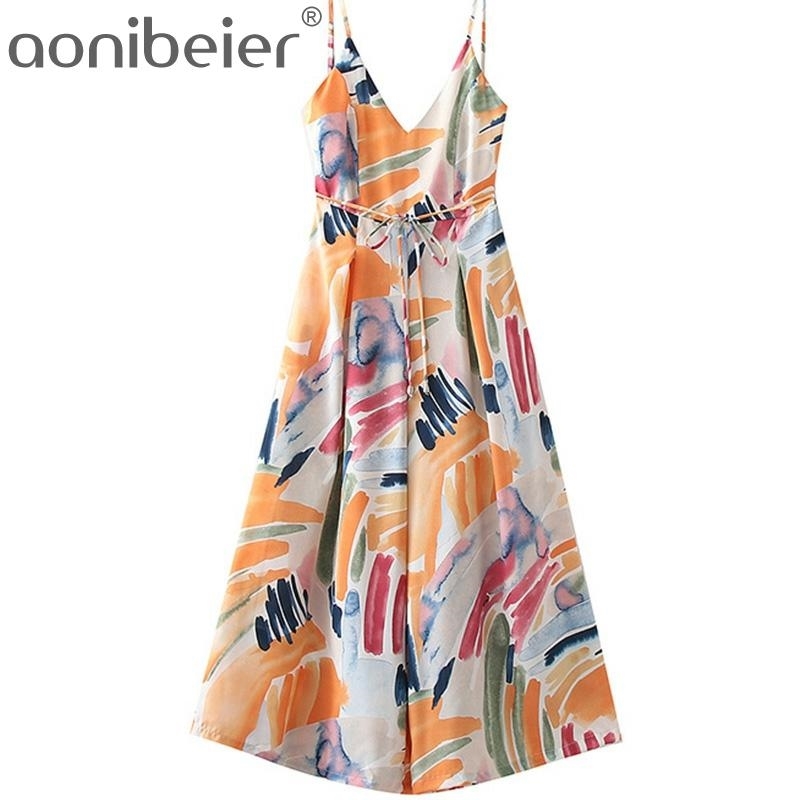 

Graffiti Print Summer Sleeveless Backless Thin Strap Women Rompers Casual Holiday High Waist Wide Leg Female Jumpsuits 210604, As shown