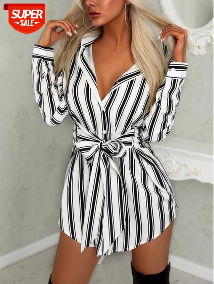 

Casual Women Vogue Long Shirt Dress V-neck Stripe Print Summer Mini Dress Shirtdress #dn2k, Black;gray