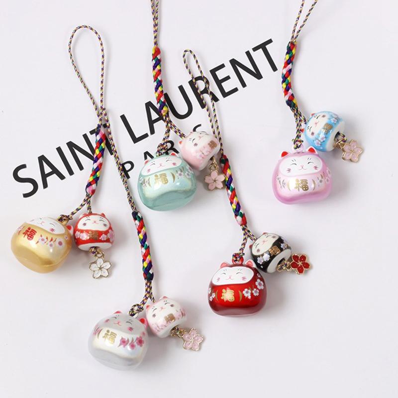 

Keychains Japanese Lucky Cat Smart Dream Color Phone Strap Lanyards Sakura Charm Bell Pendant Car Keys Bag Decor Key Holder For Couple, Silver