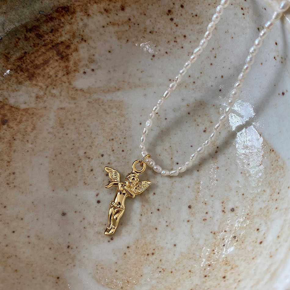 

Amaiyllis 925 Sterling Silver 18k Gold Angel necklace Freshwater Pearl Clavicle Necklace Pendants For Women Jewelry