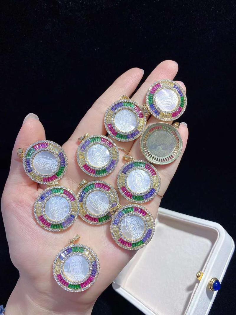 

Pendant Necklaces 17.5" White Shell Cameo Colorful CZ Micro Pave Coin Necklace