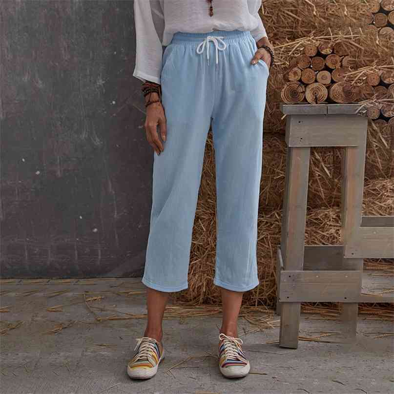 

Summer Solid Color Breathable High Waist Mid-calf Leggings Women' Casual Loose Commute Simplicity Sport Femme Fitness 210603, Sky blue