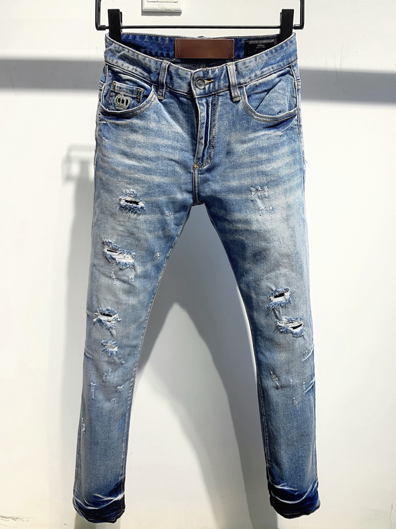 

European style dsq Italy brand pants Men Slim biker denim straight trousers hole blue Pants slim jeans for men, D21