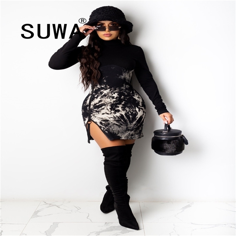 

Women Dresses For Party And Wedding Black Tie Dye Chic Long Sleeve Bodycon Sexy Mini Elegant Lady Free 210525, Multi