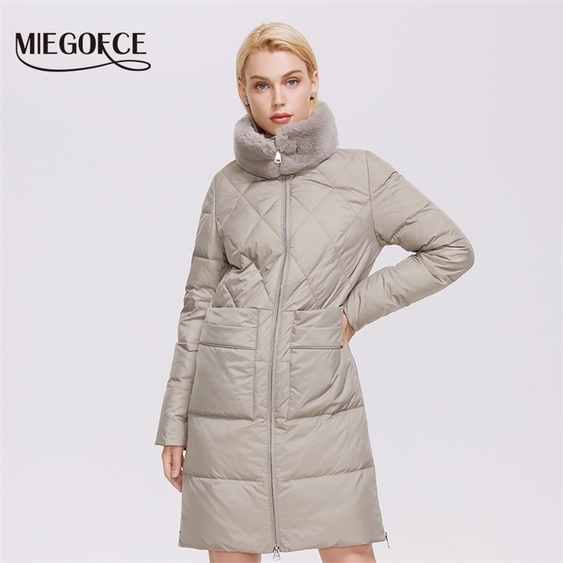 

MIEGOFCE Winter Women Long Cotton Jacket Luxury Classic Coat Stand-up Rex Rabbit Fur Collar Parkas D21682 211018, 305 rice gray