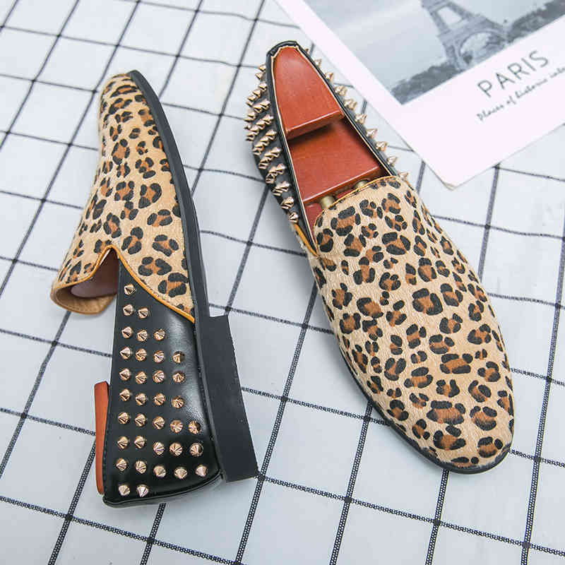 

dress shoes leopard loafers for men, designer slips, rivets, punk style, handcrafted men's shoes, british-style moccasins, club sh, Black