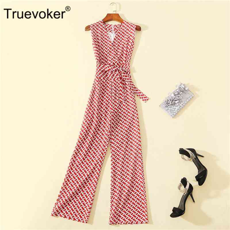 

Truevoker European Summer Designer Jumpsuit Women's High Quality Sleeveless V-neck Fashion Geometric Printed With Sashes Overall 210602, Pink