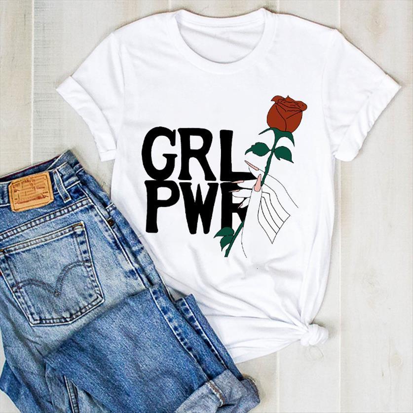 

girl power flower floral 90s women t shirts printed summer tee clothes graphic, White