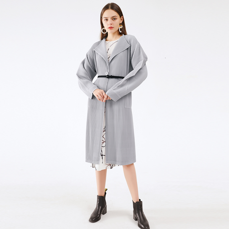 

2021 New Winter Plus Size Clothes Korean Fashion Casual Black Button Up Jacket Pleated Bat Long Sleeve Women Trench Coat 4lk2, Gray