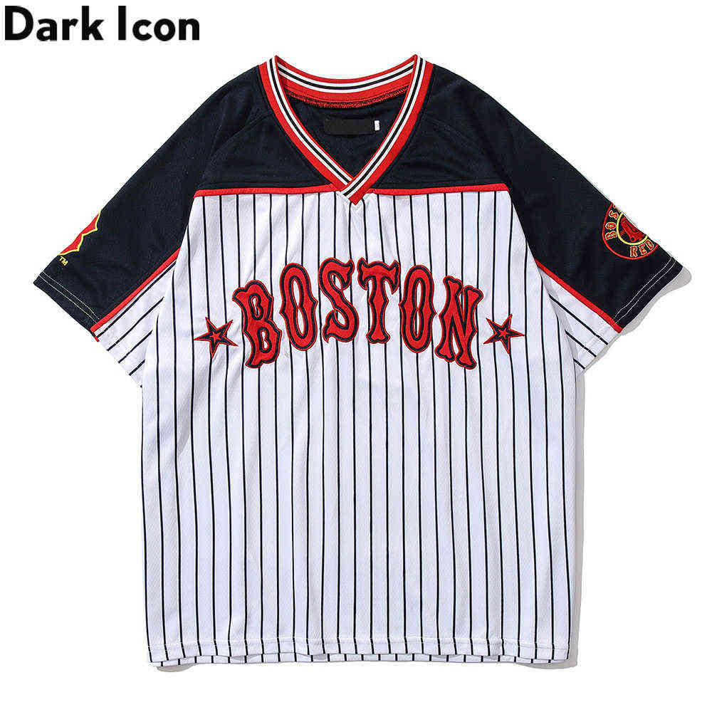 

Letters Embroider Striped T-shirts Men Summer V-neck Color Block Streetwear Men's Tshirts 210603, White