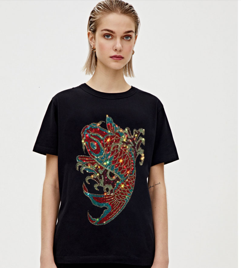 

2021 New 100% Cotton Diamonds Summer t Shirt Casual Black Color Tshirt Women Short Sleeve T-shirt 8a7c, As shown