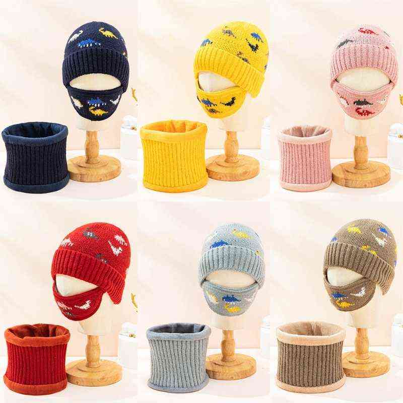 

3pcs Baby Warm Winter Hat Scarf Face Mask Set Knitted Dinosaur Jacquard Beanie 87hd
