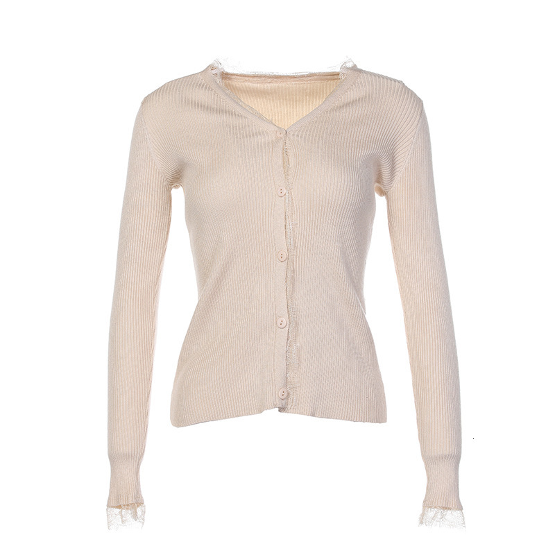 

2021 Vintage Lace V-neck Knitted Cardigan Autumn New Fashion Korean Style Slim-fit Long-sleeved Solid Color Women Sweater 9q73, Black