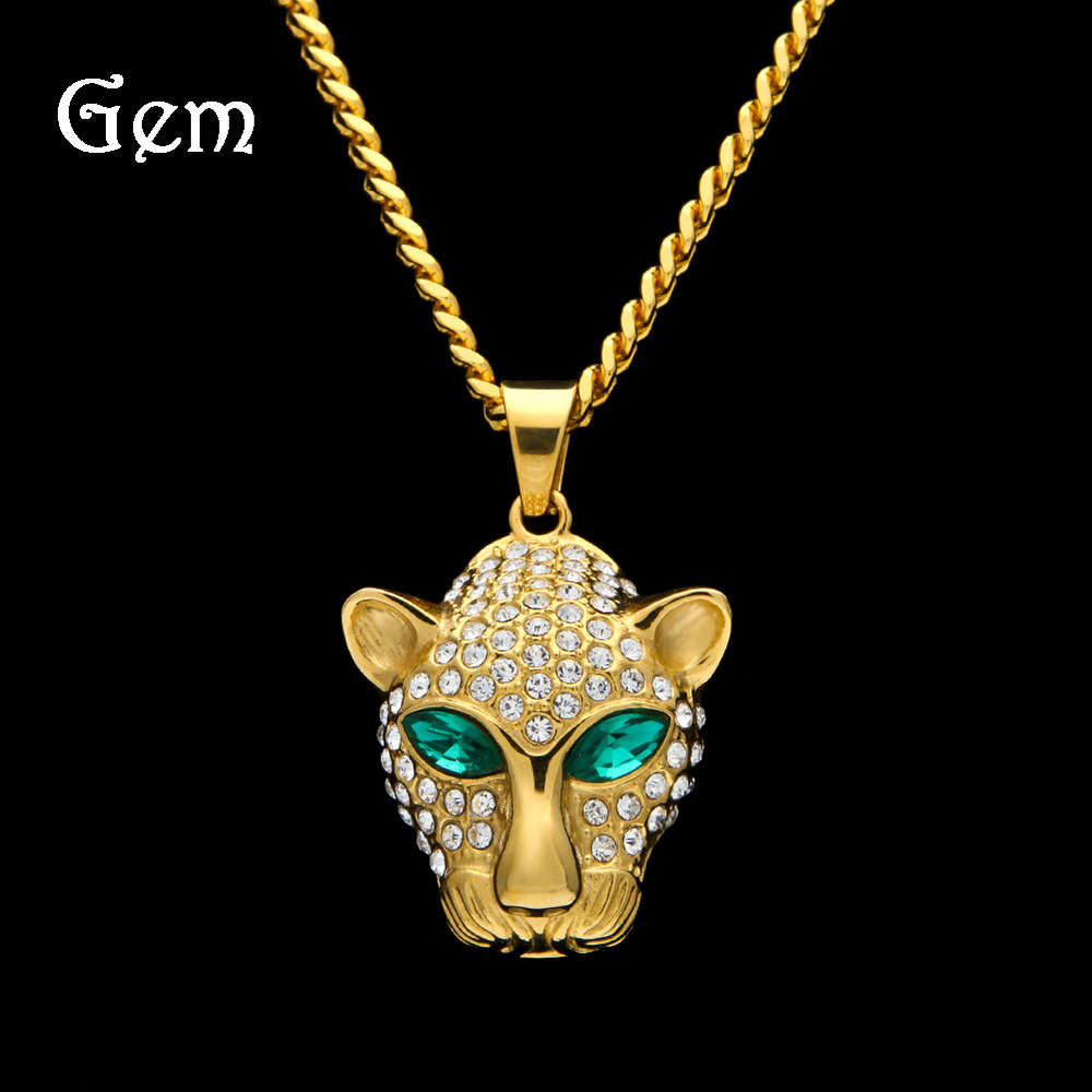 

Hip hop stainless steel leopard head pendant with green diamond eyes
