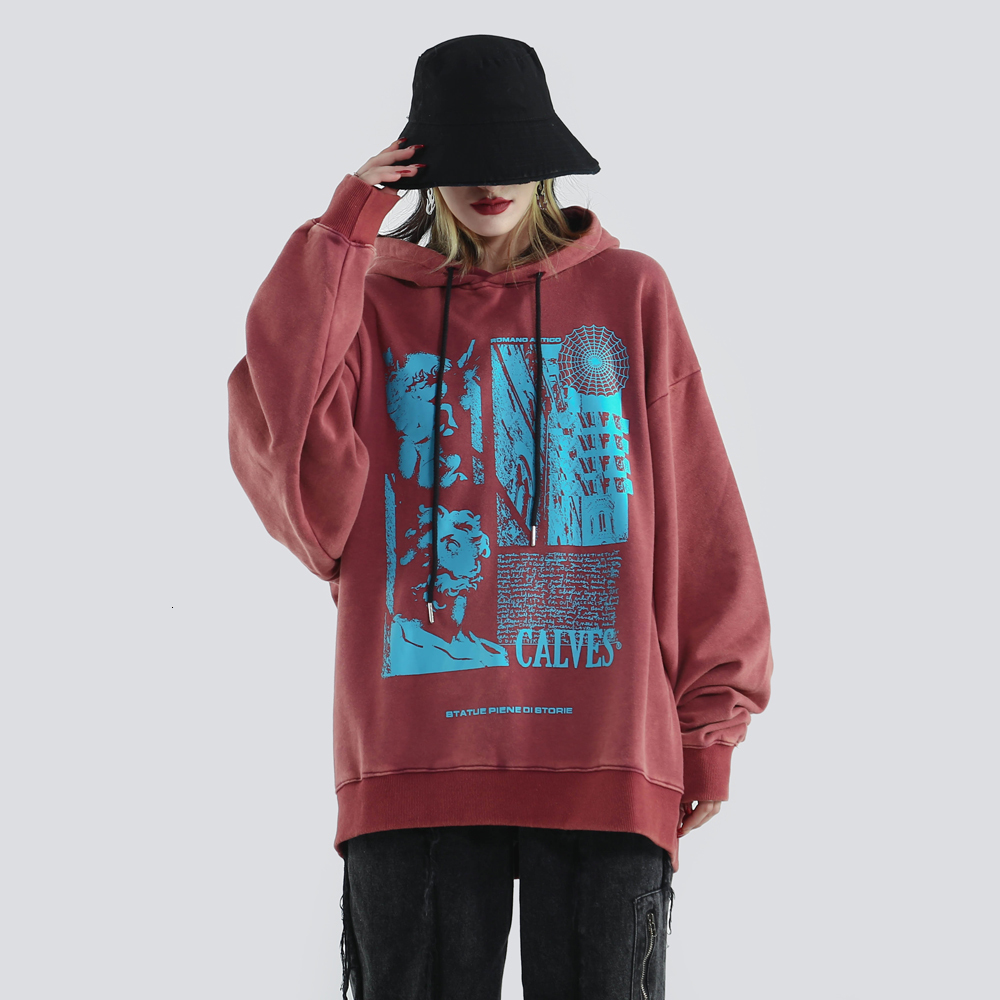 

2021 New Oversize Vintage Faded Effect Street Style Women Hip Hop Loose Fit Brick-red Female Hoodies Qh8q