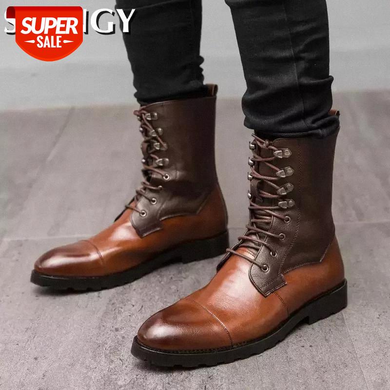 

New Men Boots Genuine Leather Autumn Vintage Biker Boots High Top Lace Up Casual Shoes Male Ankle Motorcycle Big Size #Yn4V