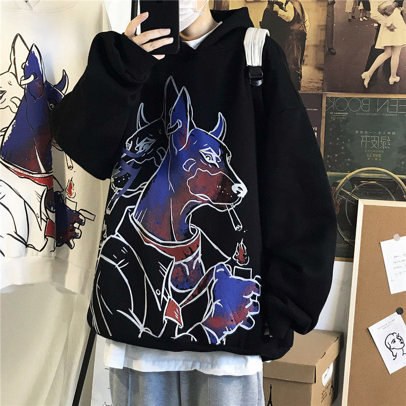 

2021 New Black Dog Print Tops Streetwear Funny Gothic Hoodies Mens Hip Hop Amine Sweatshirts Male Korean Fashions Harajuku Hoodie K1o8