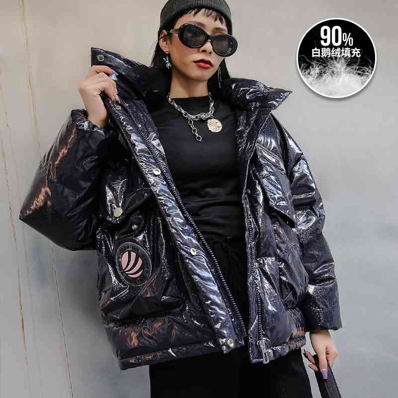 

Tuogu women's brand winter European fashion shiny warm large pocket white goose short down jacket women, Black