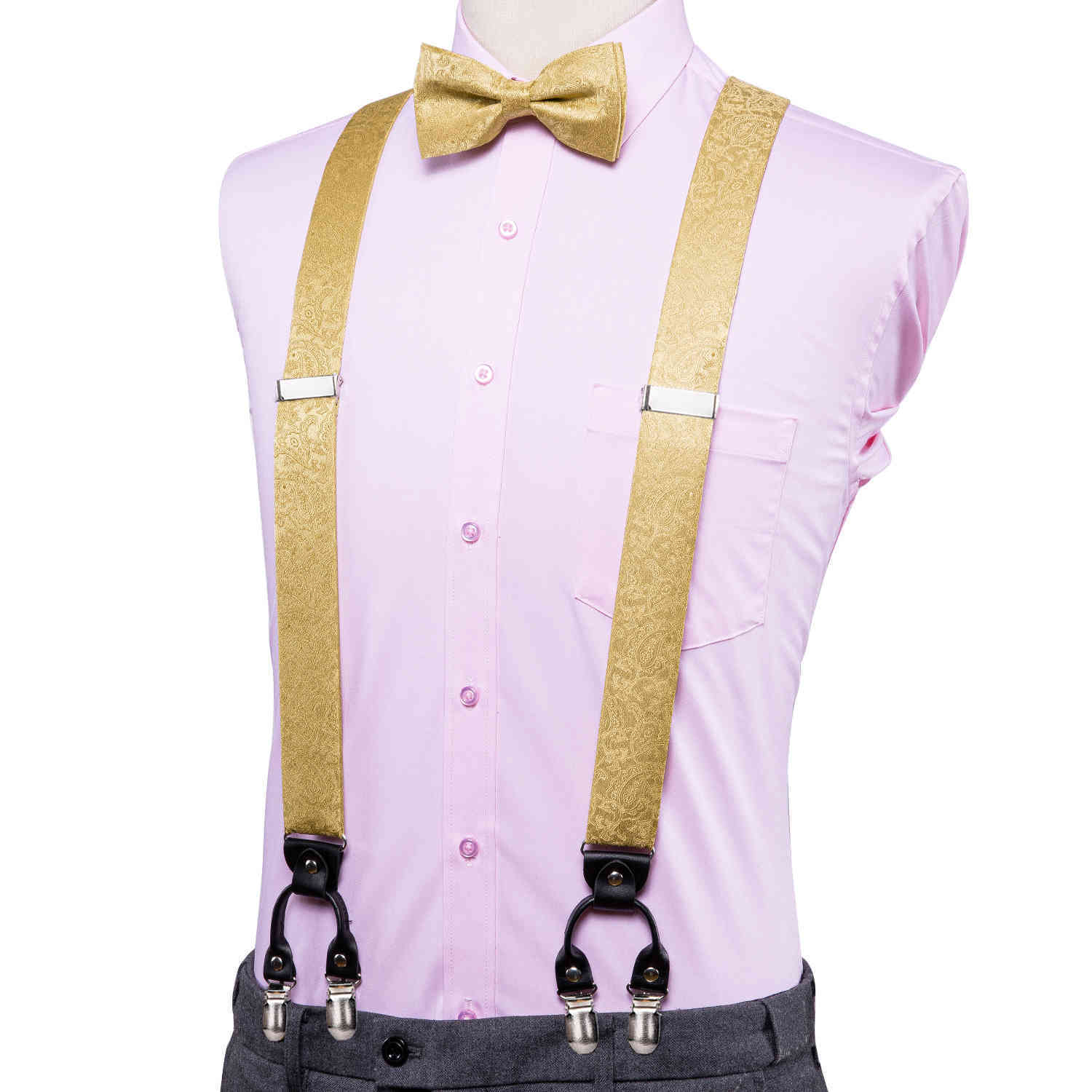 

Hi-Tie Luxury Designer for Men Wedding Vintage Fashion Gold Floral Suspender and Bow Tie 6 Clips Braces 35mm