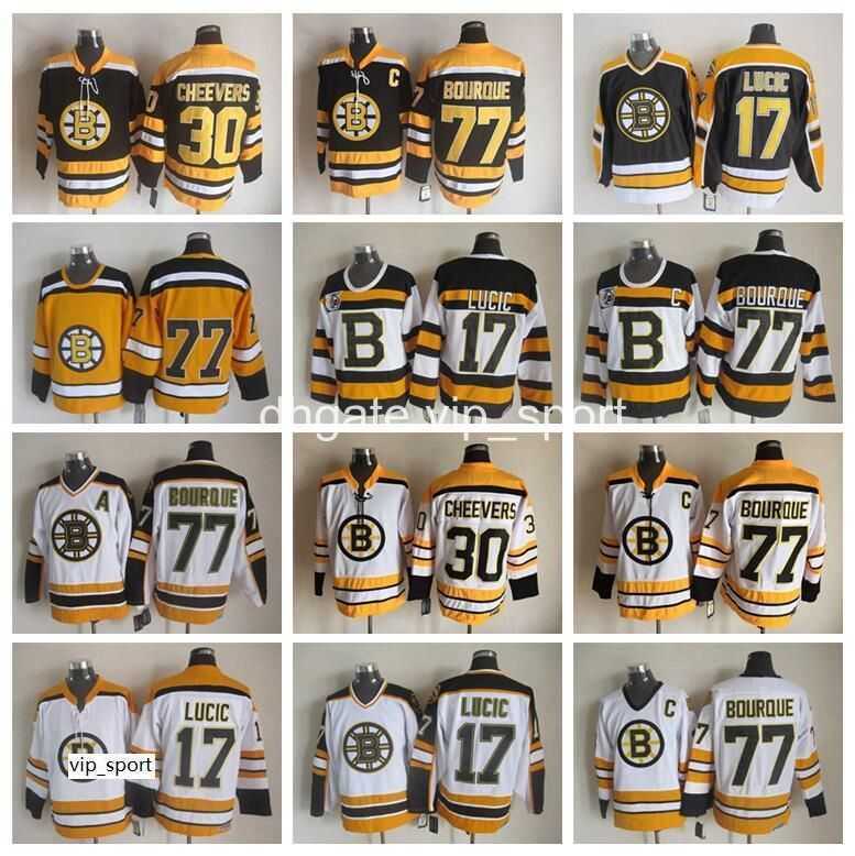 

Boston Bruins 17 Milan Lucic Jersey 77 Ray Bourque 30 Gerry Cheevers Ice Hockey Jerseys Vintage CCM Stitched Black White Yellow, 30 black