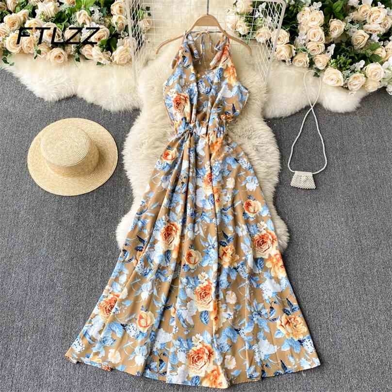 

Women Beach Dress Summer V Neck Neck-mounted Slim Sexy es Ladies Elegant Floral Long Robe Midi Retro Vestidos Mujer 210525, Apricot