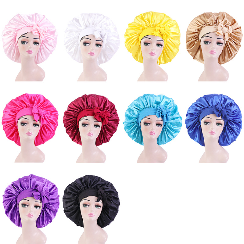 

Extra Large Solid Satin Bonnet with Wide Stretch Ties Skull Caps Women Night Sleep Hat Adjust Silky Head Wrap Shower Cap, Mixed color