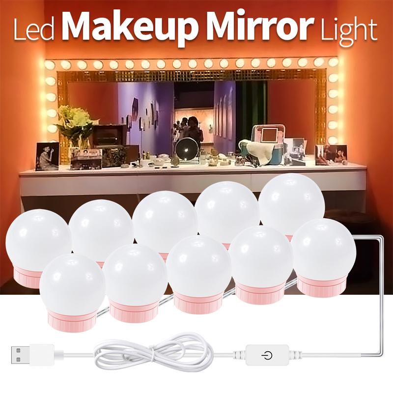 

LED USB Makeup Mirror Light Bulb Pink Hollywood Vanity Lights Touch Control Stepless Dimmable Lamp 2/ 6 /10/14 Bulb Bedroom