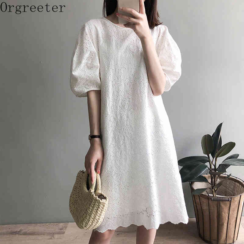 

Summer Korean Sweet Puff sleeve White Dress for Women Hollow out Embroidery Loose Cotton Knee-length Female 210525