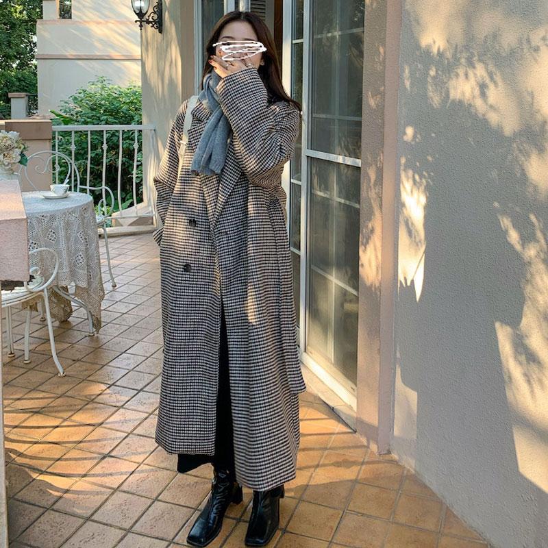

Women' Wool & Blends 2021 Woolen Coat Plaid Autumn And Winter Korean Mid-Length Double-Sided Cashmere, Black plaid