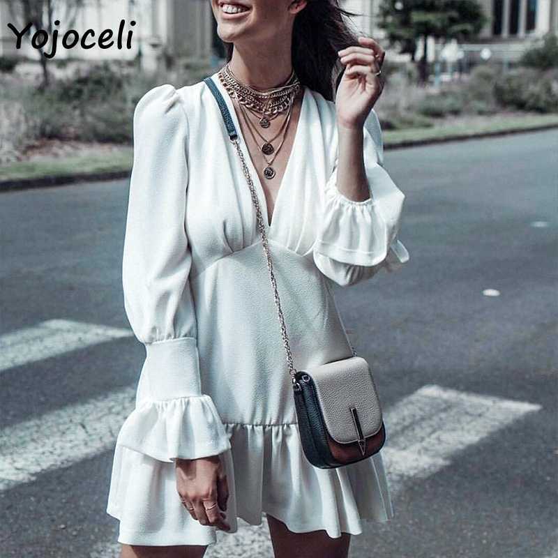 

Yojoceli v neck flare sleeve ruffle dres white chiffon party club day female vestidos 210609