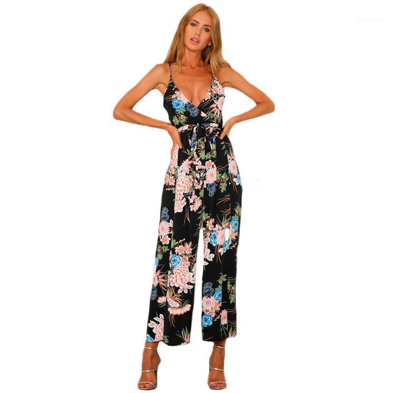 

Women' Jumpsuits & Rompers 2021 Women Summer Sexy Sleeveless Floral V Neck Bandage Romper Loose Pant Boho Casual Split Overall, Black
