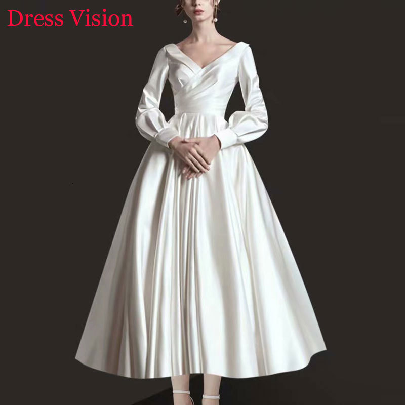 

2021 Vestidos Robe Mariage Satin V-neck Long Sleeves Wedding Vestido De Noiva Party Gowns Women's Aq3j, Same as image