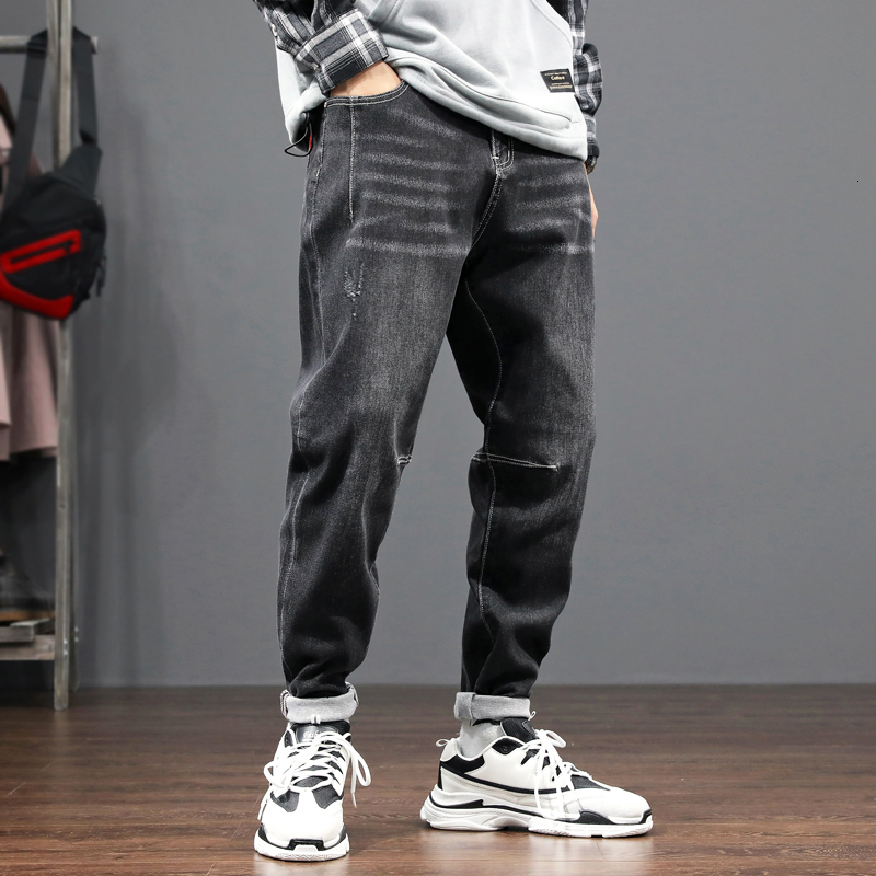

2021 New Fashion Streetwear Loose Fit Spliced Designer Denim Harem Pants Homme Wide Leg Trousers Korean Style Hip Hop Jeans Men Alzi, Black
