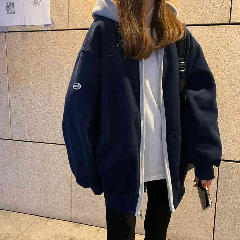

2021 new small fragrance design sense of minority Baseball Hooded Sweater Jacket Plush thickened women' autumn and winter versatile, Plush navy