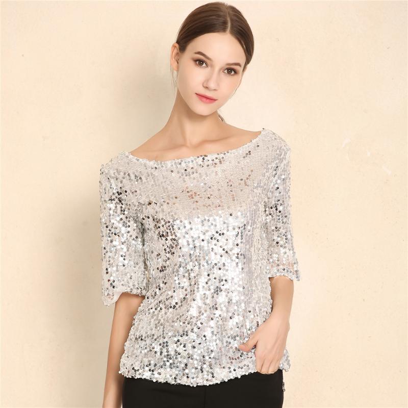

Women' Blouses & Shirts In Europe And America Women Tops Sequin Embroidery Five-point Sleeve Loose Casual Shirt Plus Size, Black