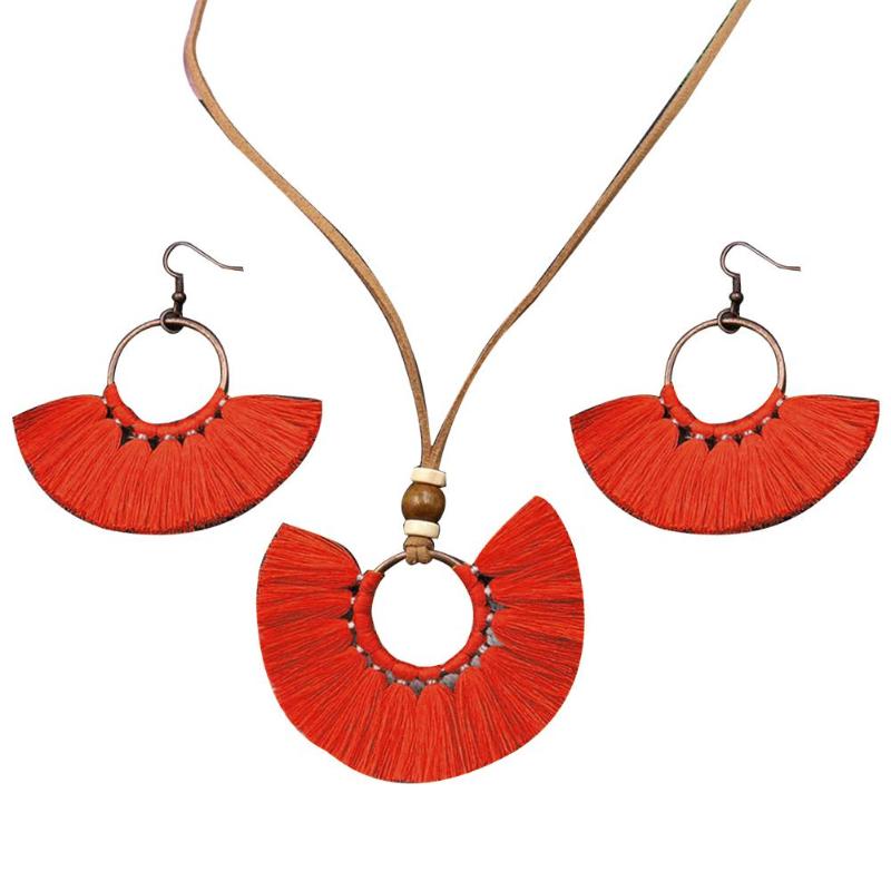 

Earrings & Necklace Vintage Fan Shape Tassel Circle Pendant Hook Women Jewelry Set, As pic
